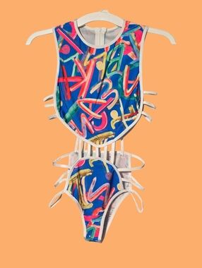 Fashion Nova Blue Multi-Color Cutout One-Piece Swimsuit